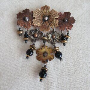RARE ANTIQUE BRONZE & BEAD GLASS FLORAL BROOCH PIN Three Tone Metal, 2" Width